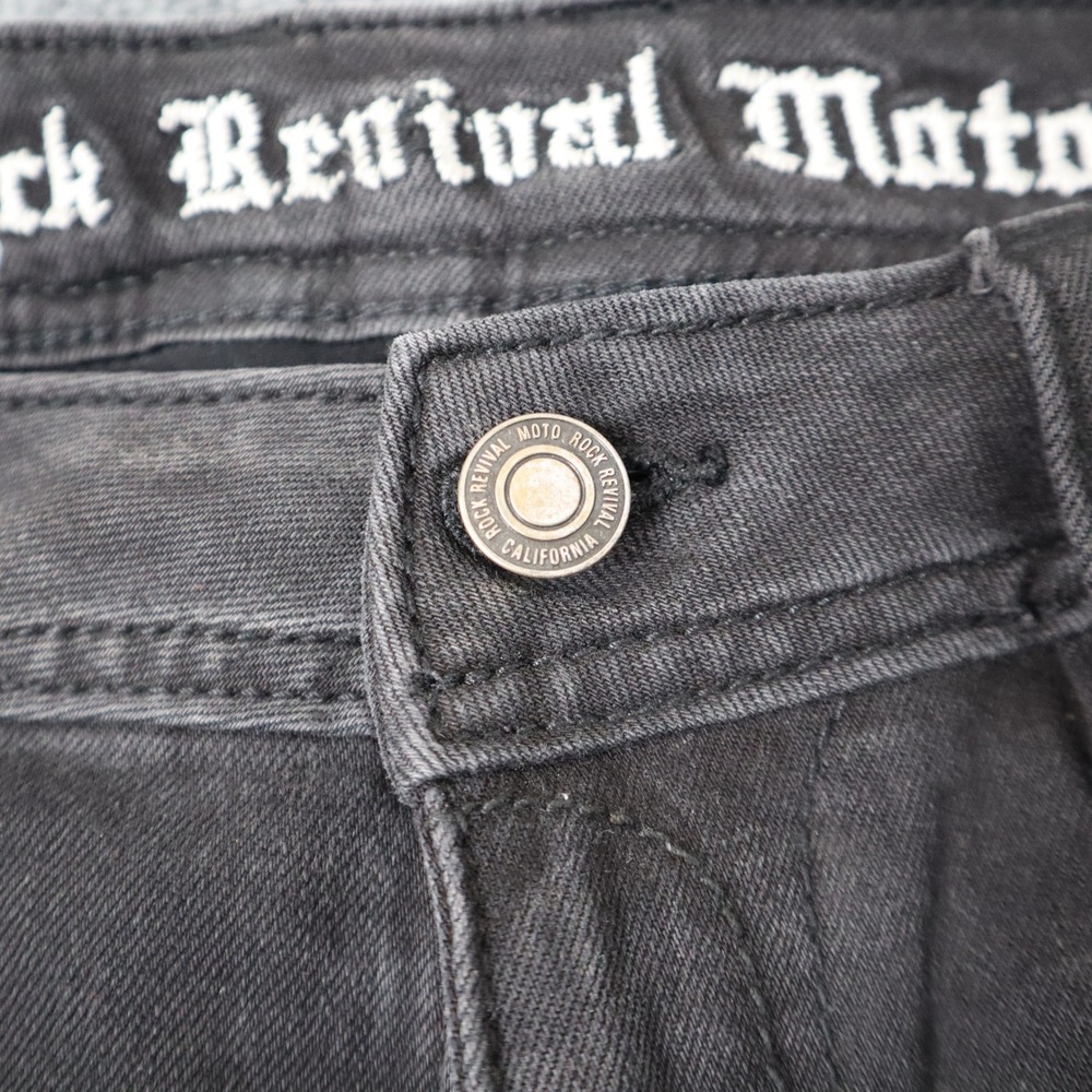 Rock Revival Moto Men Black Distressed Biker Jeans Slim Fit Ribbed Details READ - Picture 8 of 16